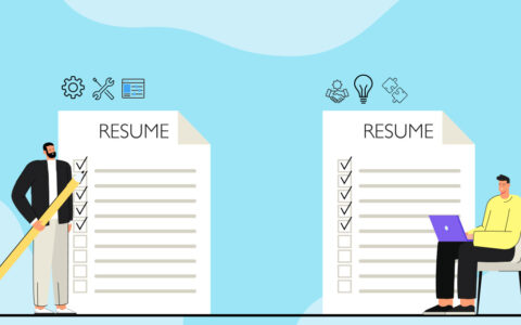 Illustration showing resumes with icons representing technical and soft skills, highlighting the importance of soft skills for developers.