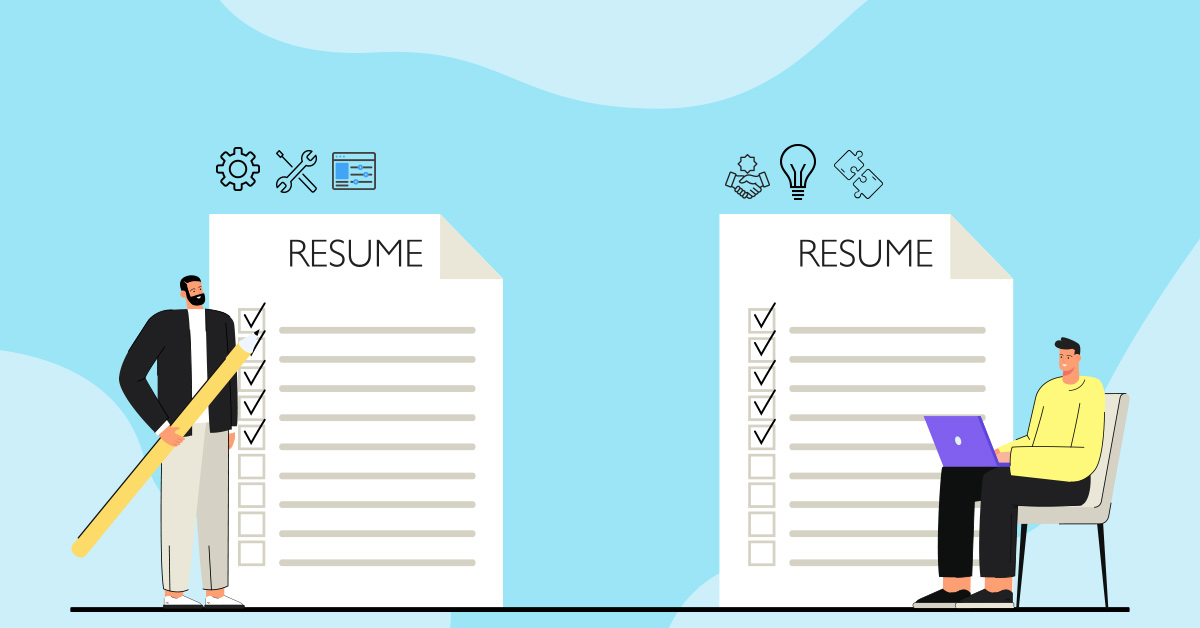 Illustration showing resumes with icons representing technical and soft skills, highlighting the importance of soft skills for developers.