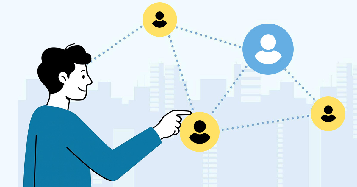 Illustration of a person pointing at connected user icons, symbolizing building professional connections and networking on LinkedIn.