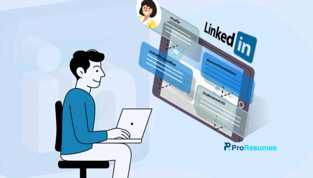 Illustration of a professional using a laptop with LinkedIn profile elements like headline, endorsements, and recommendations, highlighting LinkedIn tips and tricks for better networking and job search.