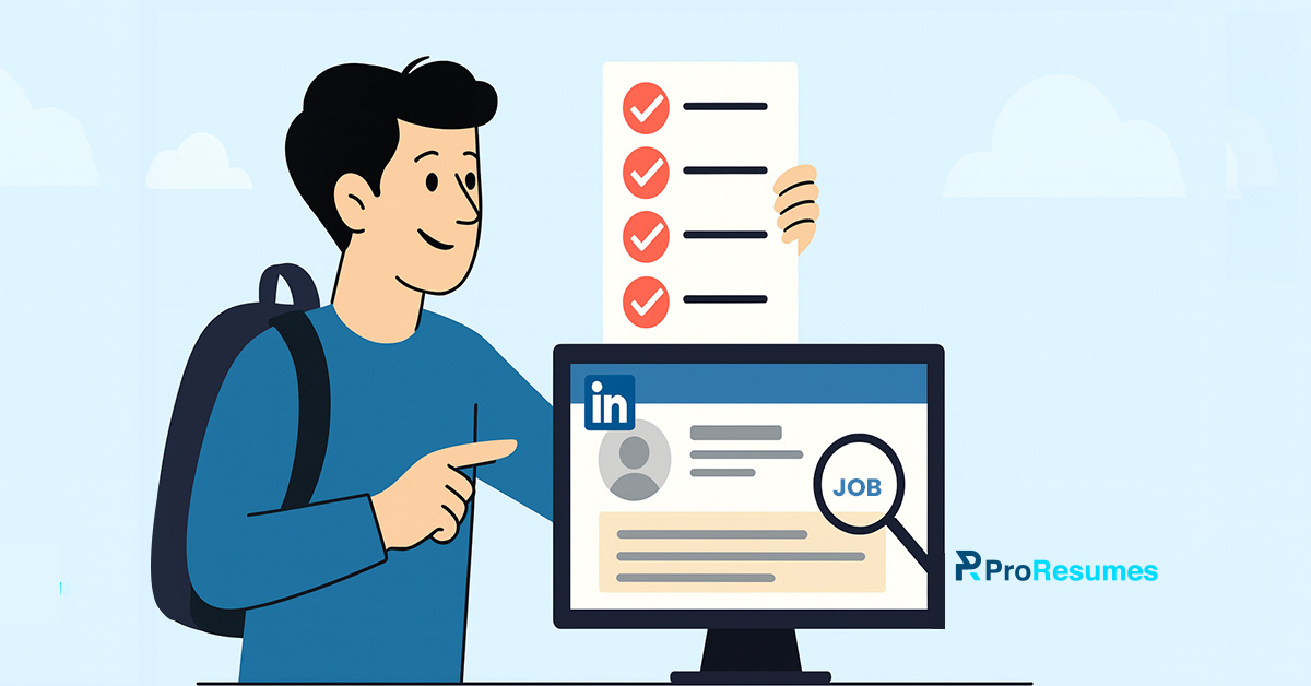 Illustration of a young professional holding a checklist and pointing to a computer screen with a LinkedIn profile and job search, representing how to find a job using LinkedIn.