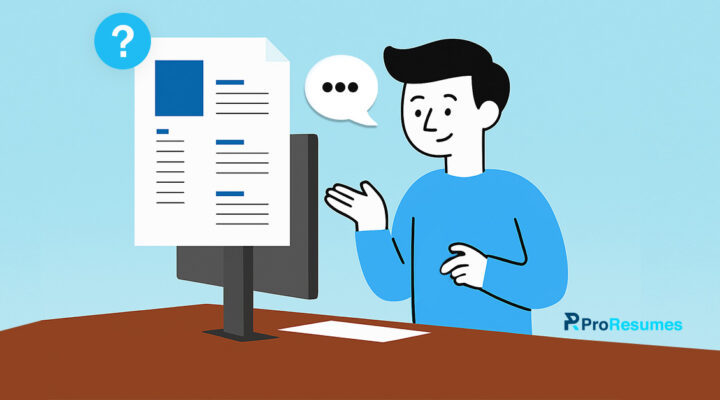 The man is point on the laptop screen showing one-page resume.