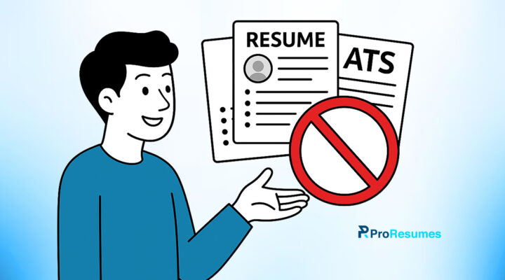 Illustration of a job seeker holding a resume with an ATS document behind it, crossed out with a red prohibition sign, highlighting the drawbacks of broader resumes failing ATS screening.