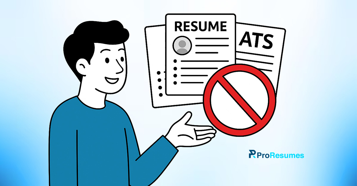 Illustration of a job seeker holding a resume with an ATS document behind it, crossed out with a red prohibition sign, highlighting the drawbacks of broader resumes failing ATS screening.