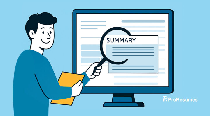 Graphic showing a candidate examining the professional summary section of a resume on a computer screen, emphasizing how to write a good resume summary.