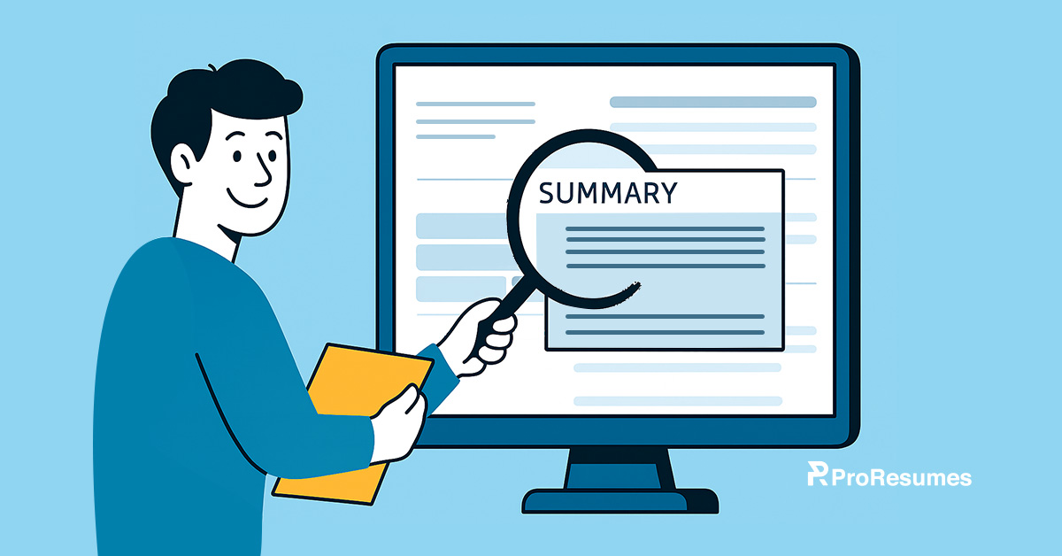 Graphic showing a candidate examining the professional summary section of a resume on a computer screen, emphasizing how to write a good resume summary.