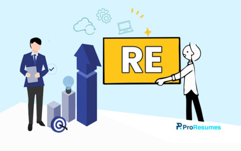 Illustration depicting career growth and skill development. On the left, a professional in a business suit holds a tablet, standing beside upward-pointing bars symbolizing progress and innovation, including a light bulb and a target icon. On the right, a figure holds a large yellow sign labeled “RE,” representing reskilling and upskilling. The background features icons of cloud computing, gears, and a laptop, conveying modern learning and technology themes. The ProResumes logo appears at the bottom right corner.