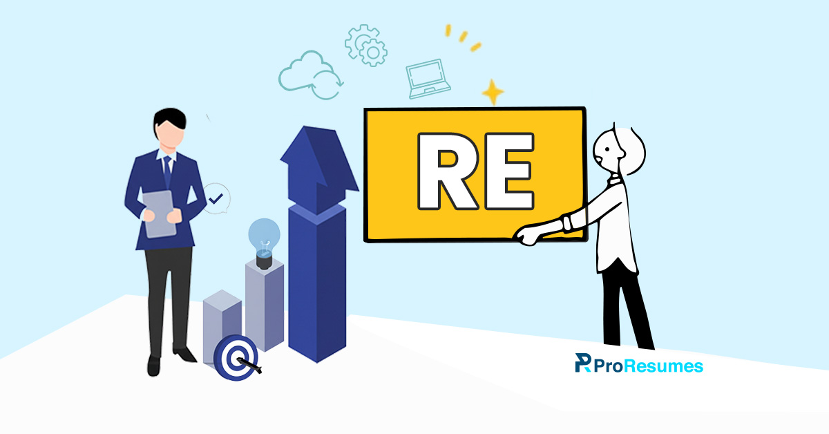 Illustration depicting career growth and skill development. On the left, a professional in a business suit holds a tablet, standing beside upward-pointing bars symbolizing progress and innovation, including a light bulb and a target icon. On the right, a figure holds a large yellow sign labeled “RE,” representing reskilling and upskilling. The background features icons of cloud computing, gears, and a laptop, conveying modern learning and technology themes. The ProResumes logo appears at the bottom right corner.