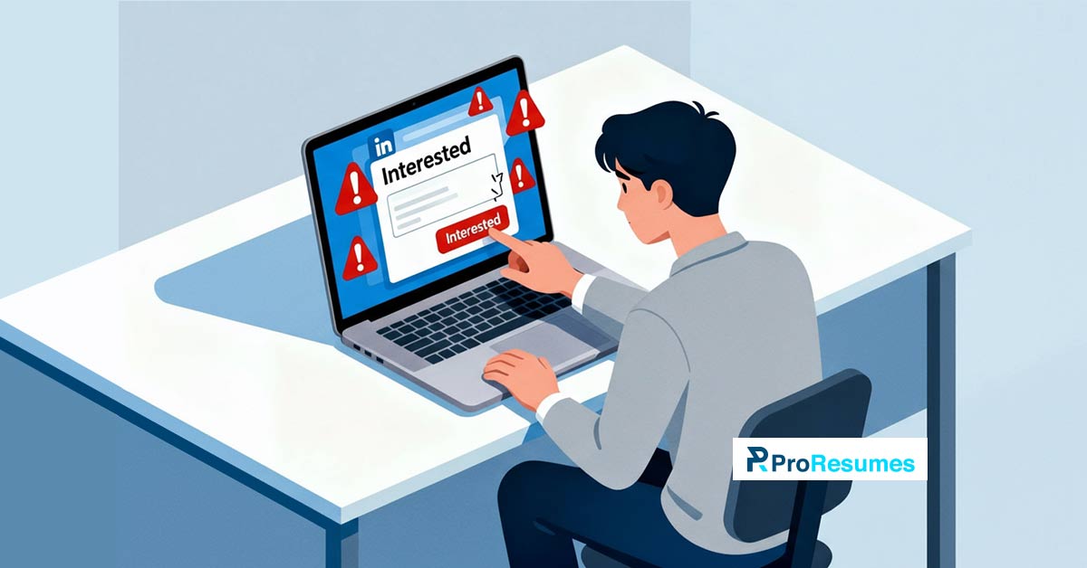 ProResumes illustration showing awareness of fake job postings on LinkedIn during online job applications.