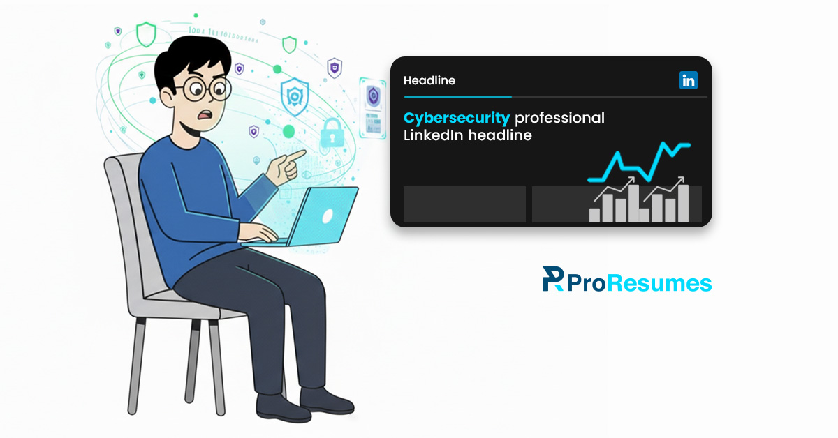 ProResumes illustration showing an optimized LinkedIn headline for a cybersecurity professional.