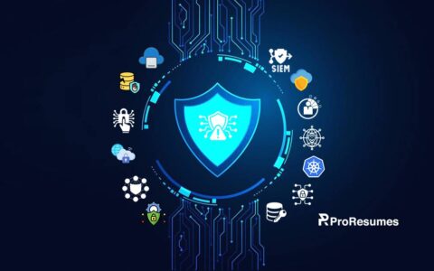 Digital cybersecurity illustration showing a glowing shield with a lock at the center, surrounded by icons representing SIEM, cloud security, data protection, malware defense, network security, Kubernetes, and databases on a dark blue tech background, branded with the ProResumes logo, symbolizing modern cybersecurity tools and protection systems.