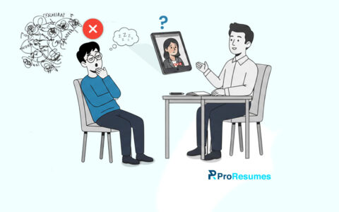 Illustration of a job interview where a confused candidate sits across from an interviewer, with tangled thoughts and a red cross above the candidate’s head, symbolizing unclear communication or resume issues. The interviewer appears puzzled while reviewing the candidate on a tablet, highlighting interview red flags caused by a confusing resume. ProResumes logo is visible.