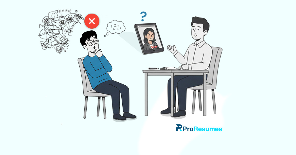 Illustration of a job interview where a confused candidate sits across from an interviewer, with tangled thoughts and a red cross above the candidate’s head, symbolizing unclear communication or resume issues. The interviewer appears puzzled while reviewing the candidate on a tablet, highlighting interview red flags caused by a confusing resume. ProResumes logo is visible.