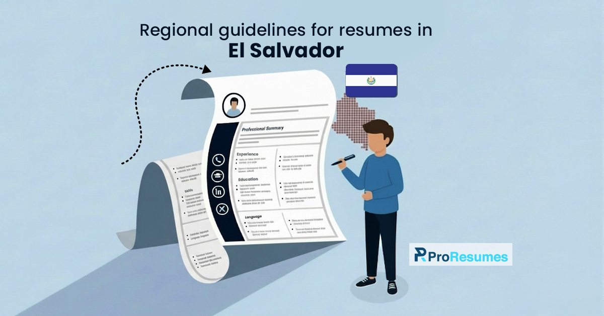 Regional resume guidelines in El Salvador infographic showing a professional reviewing a CV with El Salvador flag and structured resume layout.