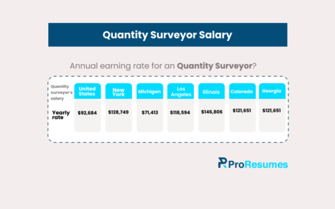 Infographic showing Quantity Surveyor salary by location, including United States ($92,684), New York ($128,749), Michigan ($71,413), Los Angeles ($118,594), Illinois ($146,806), Colorado ($121,651), and Georgia ($121,651), highlighting annual earning rates.