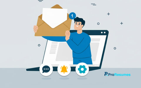 Illustration of a professional holding a large envelope with a message notification icon, standing in front of a laptop screen. Chat, notification bell, and settings icons appear below, symbolizing sending a message to a hiring manager. ProResumes logo displayed in the bottom right corner.