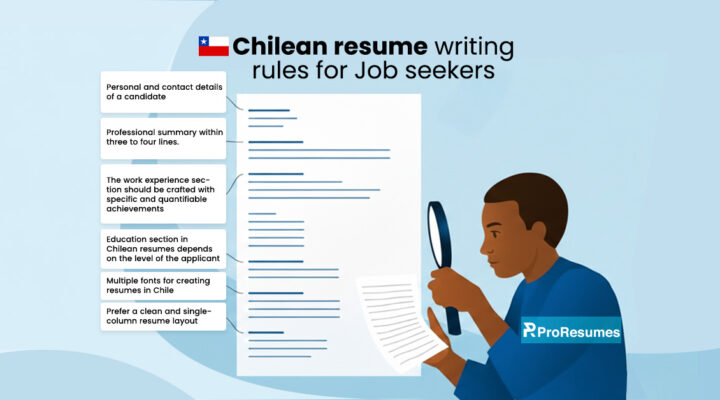 Illustration of a man examining a resume with a magnifying glass, next to a large document highlighting resume sections. The headline reads “Chilean resume writing rules for Job seekers” with a Chilean flag icon. Side text boxes outline key tips such as contact details, professional summary, quantified work experience, education section, font choices, and clean single-column layout. ProResumes logo appears on a blue background.
