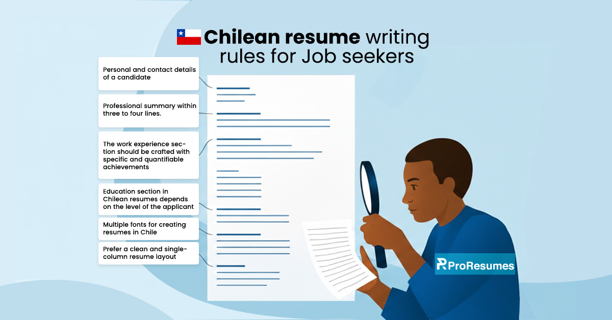 Illustration of a man examining a resume with a magnifying glass, next to a large document highlighting resume sections. The headline reads “Chilean resume writing rules for Job seekers” with a Chilean flag icon. Side text boxes outline key tips such as contact details, professional summary, quantified work experience, education section, font choices, and clean single-column layout. ProResumes logo appears on a blue background.