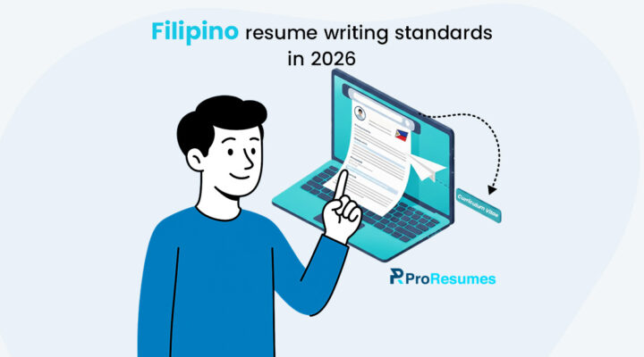 Filipino resume writing standards in 2026 infographic showing CV on a laptop, job application tips, and professional illustration.