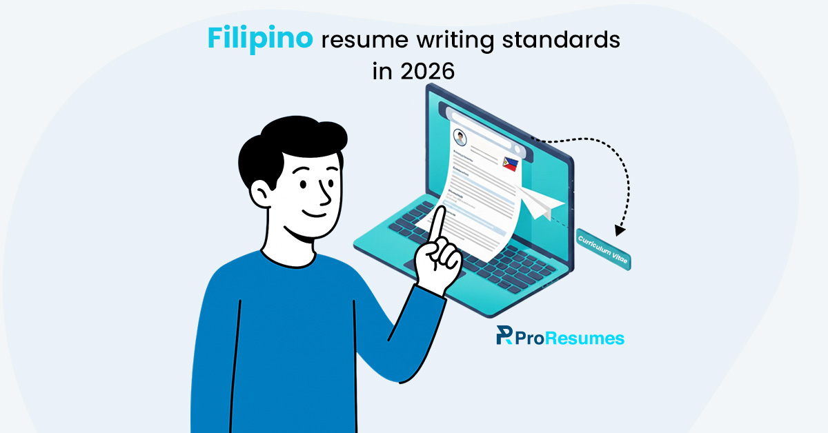 Filipino resume writing standards in 2026 infographic showing CV on a laptop, job application tips, and professional illustration.