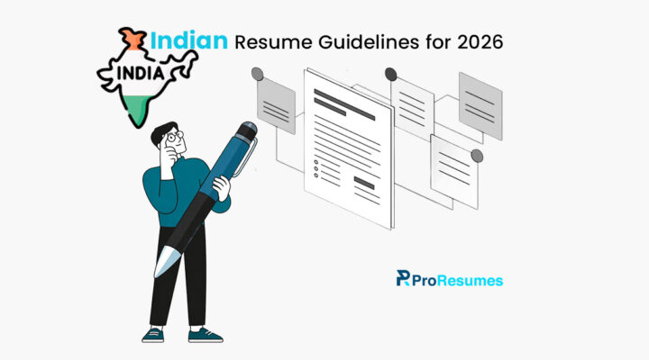 Indian Resume Guidelines for 2026 infographic showing CV writing tips with India map, resume layout illustrations, and a professional character holding a pen.