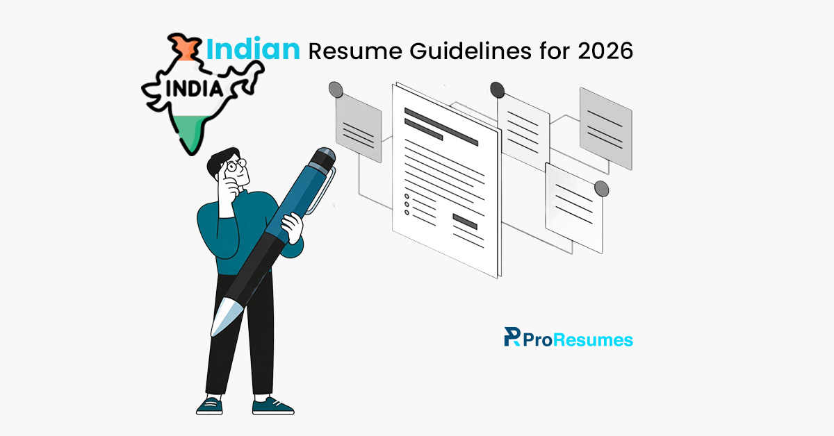 Indian Resume Guidelines for 2026 infographic showing CV writing tips with India map, resume layout illustrations, and a professional character holding a pen.
