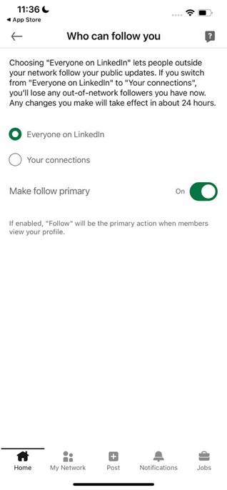 get follow button on LinkedIn via phone