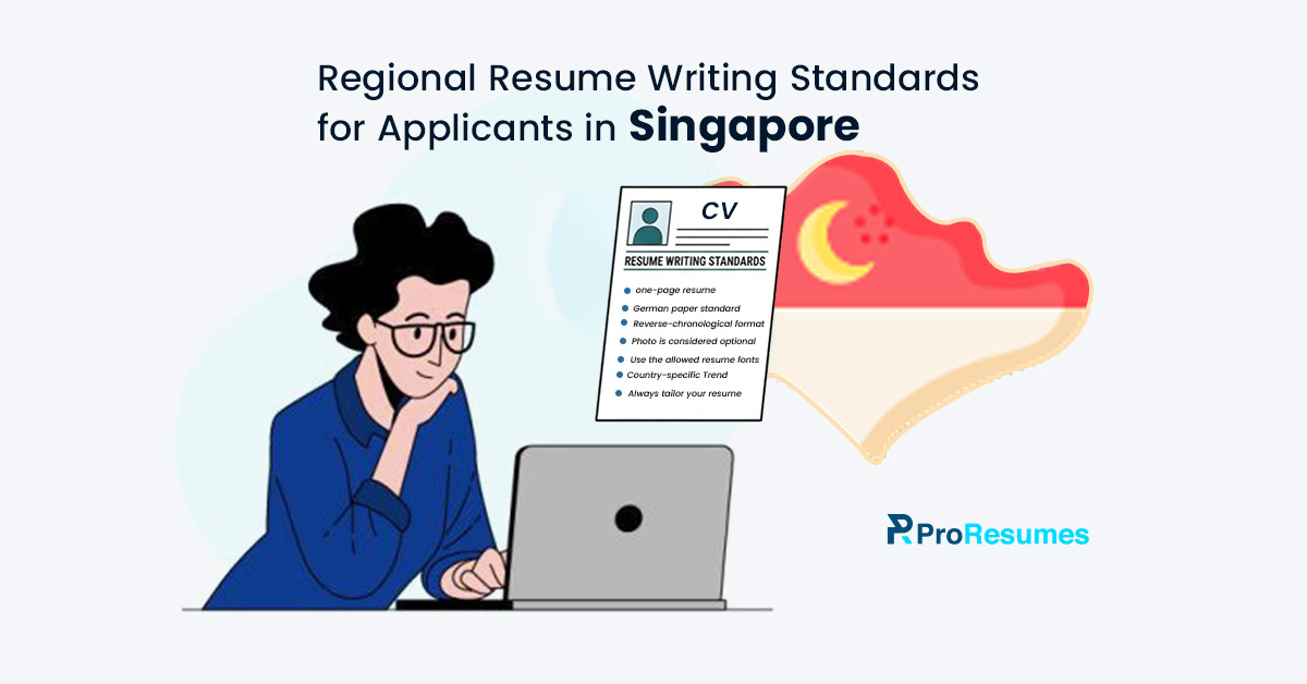 Regional resume writing standards for applicants in Singapore infographic showing CV tips, one-page resume, reverse chronological format, and optional photo guidance.