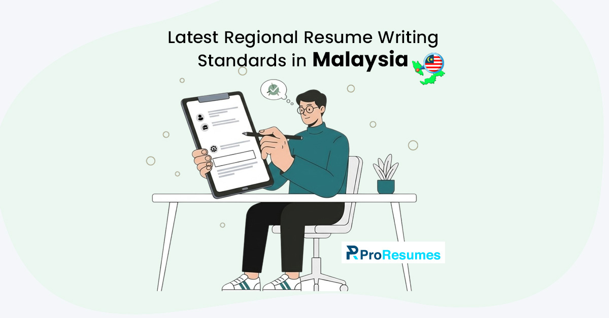 Latest regional resume writing standards in Malaysia infographic showing a professional reviewing a CV on a tablet with Malaysia map and flag.
