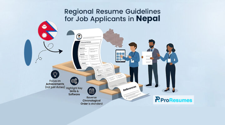 Regional resume guidelines for job applicants in Nepal infographic showing CV structure, achievements focus, skills, and reverse chronological format with Nepal flag.