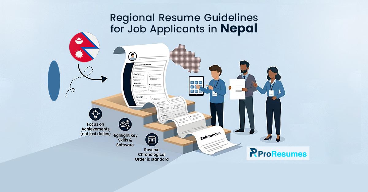 Regional resume guidelines for job applicants in Nepal infographic showing CV structure, achievements focus, skills, and reverse chronological format with Nepal flag.