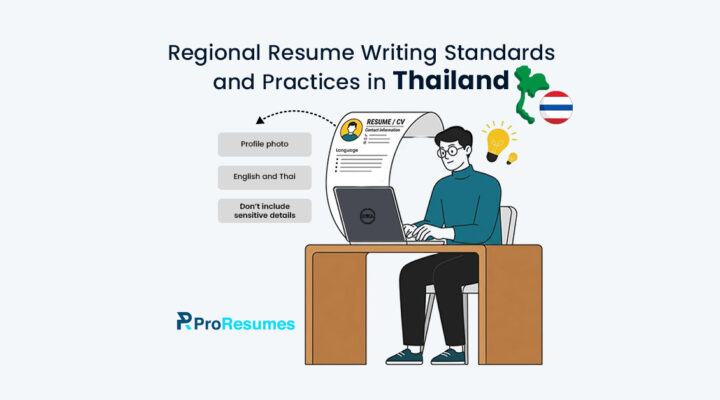 “Regional resume writing standards and practices in Thailand infographic showing CV tips, profile photo guidance, bilingual resume advice, and professional illustration.