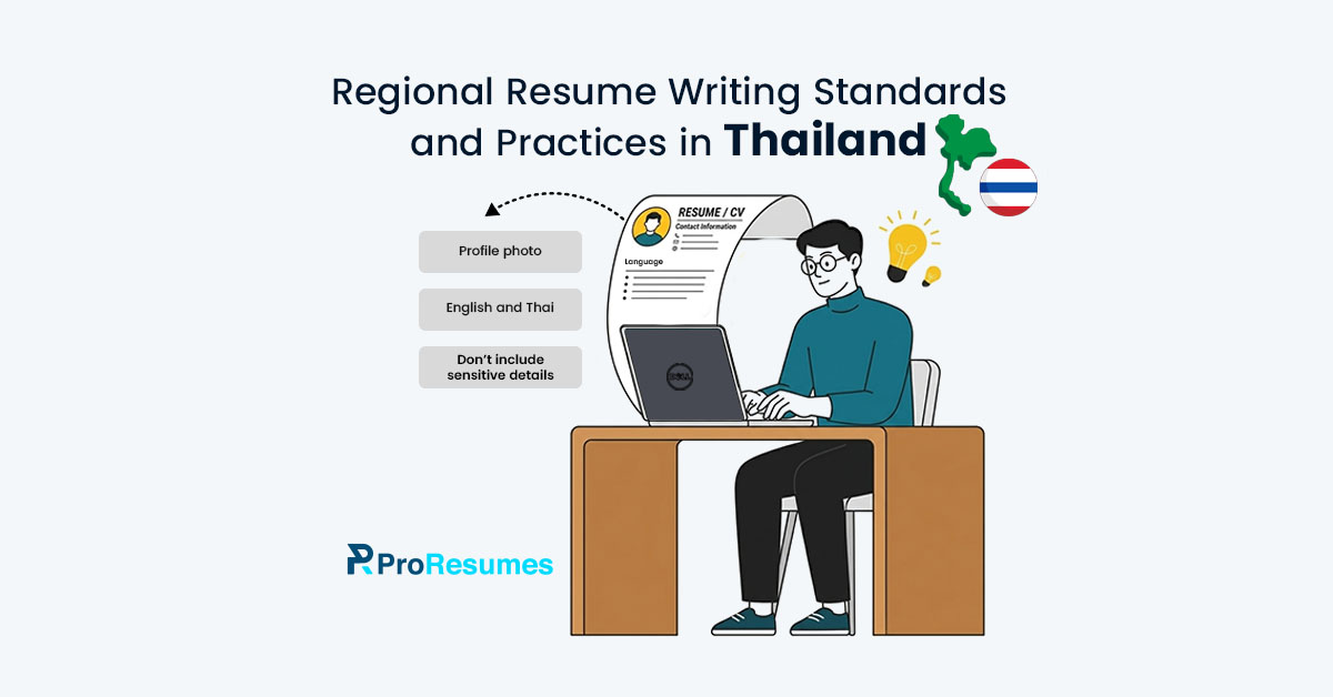 “Regional resume writing standards and practices in Thailand infographic showing CV tips, profile photo guidance, bilingual resume advice, and professional illustration.