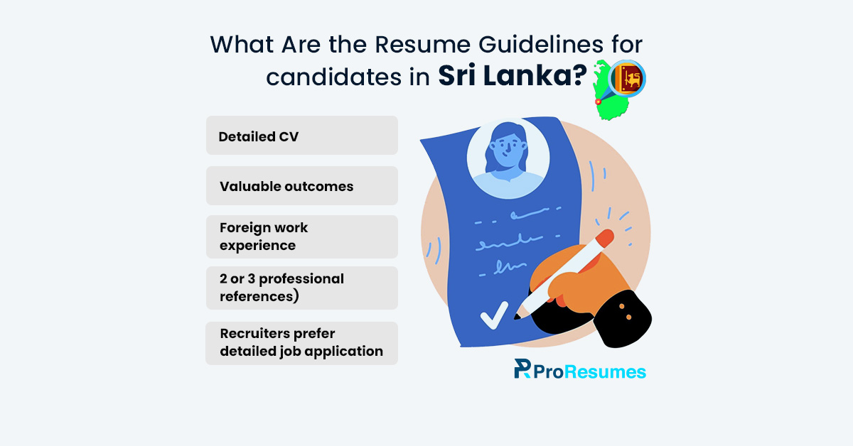Resume guidelines for candidates in Sri Lanka infographic showing detailed CV requirements, work experience, references, and recruiter preferences.