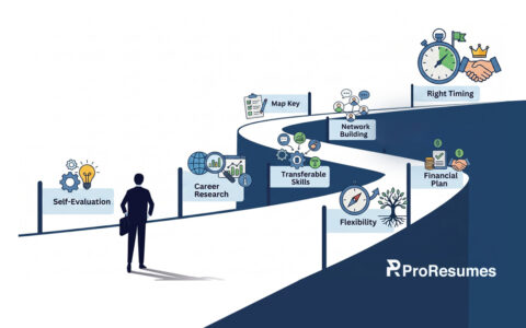 Illustration of a professional standing at the start of a winding career path with labeled milestones including Self-Evaluation, Career Research, Transferable Skills, Network Building, Flexibility, Financial Plan, and Right Timing, representing steps for a successful career change.