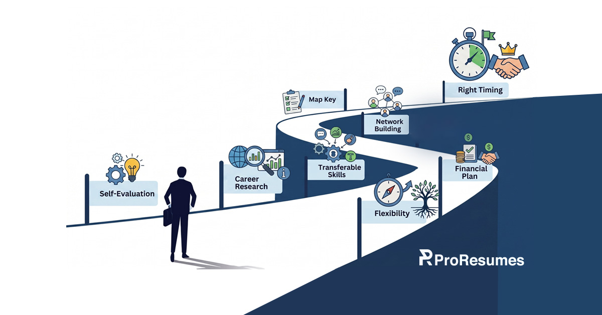 Illustration of a professional standing at the start of a winding career path with labeled milestones including Self-Evaluation, Career Research, Transferable Skills, Network Building, Flexibility, Financial Plan, and Right Timing, representing steps for a successful career change.