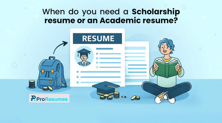 Illustration showing when to use a scholarship resume vs an academic resume with student, resume, and education icons