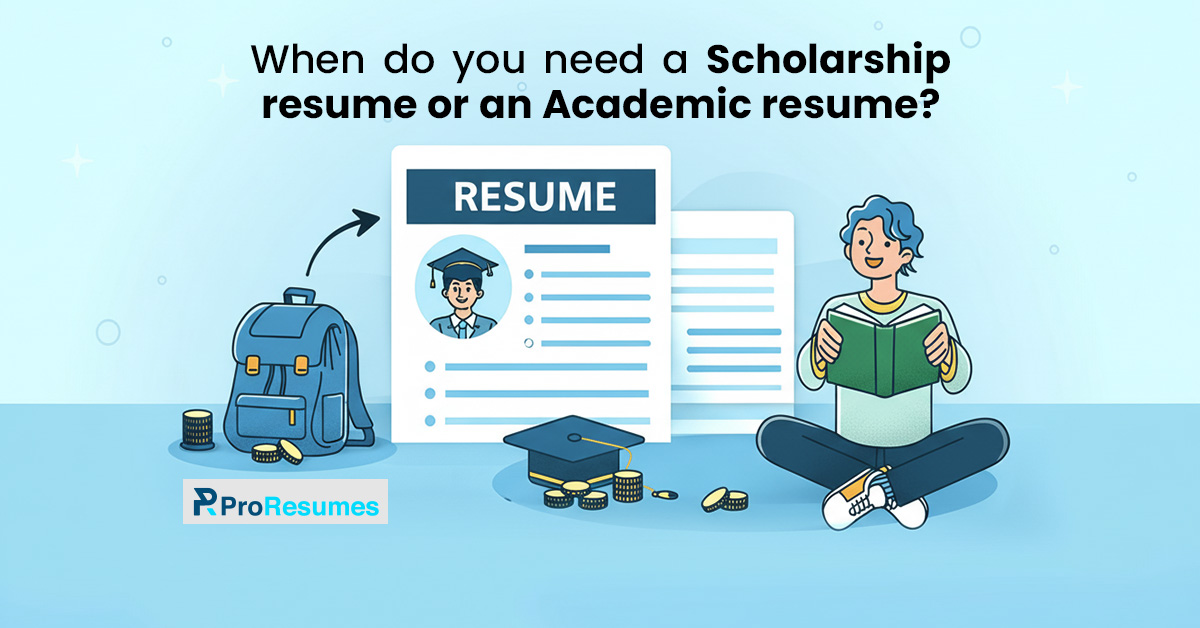 Illustration showing when to use a scholarship resume vs an academic resume with student, resume, and education icons