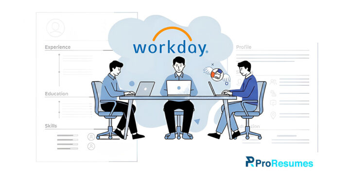Illustration of three professionals working on laptops at a table under a cloud labeled “Workday,” with resume sections like Experience, Education, and Skills displayed in the background, representing the Workday ATS system.