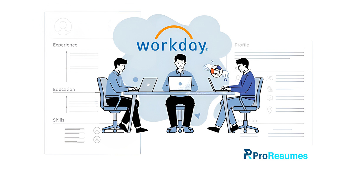 Illustration of three professionals working on laptops at a table under a cloud labeled “Workday,” with resume sections like Experience, Education, and Skills displayed in the background, representing the Workday ATS system.