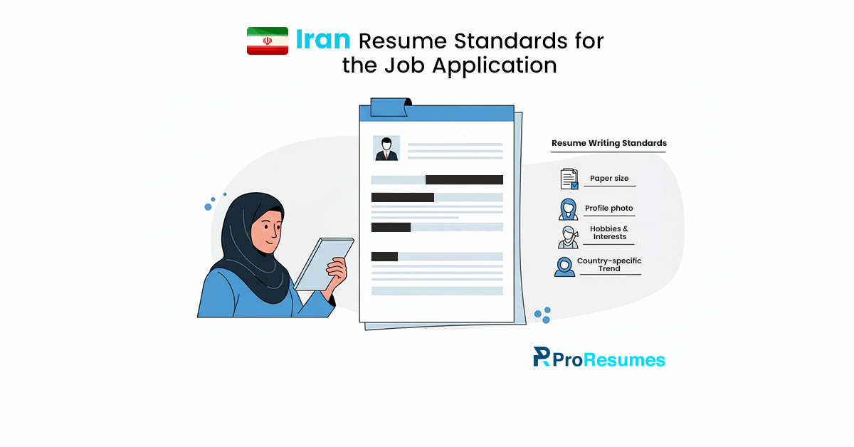 Illustration of Iran resume standards showing a candidate reviewing a CV, with guidelines like paper size, profile photo, hobbies, and country-specific trends, alongside ProResumes branding.