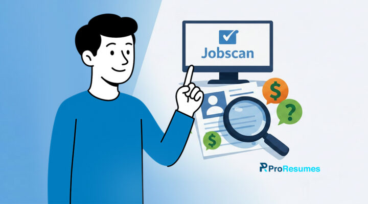 Illustration of a person pointing at a computer screen displaying Jobscan, with a resume, magnifying glass, and icons representing cost and evaluation—highlighting resume analysis and ATS optimization.