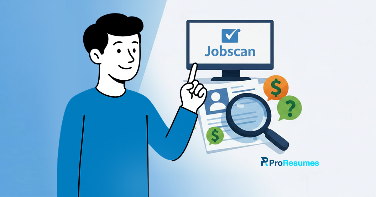 Illustration of a person pointing at a computer screen displaying Jobscan, with a resume, magnifying glass, and icons representing cost and evaluation—highlighting resume analysis and ATS optimization.