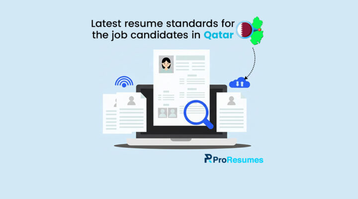 Illustration of latest resume standards for job candidates in Qatar, featuring a digital CV on a laptop with search and upload icons, and ProResumes branding.