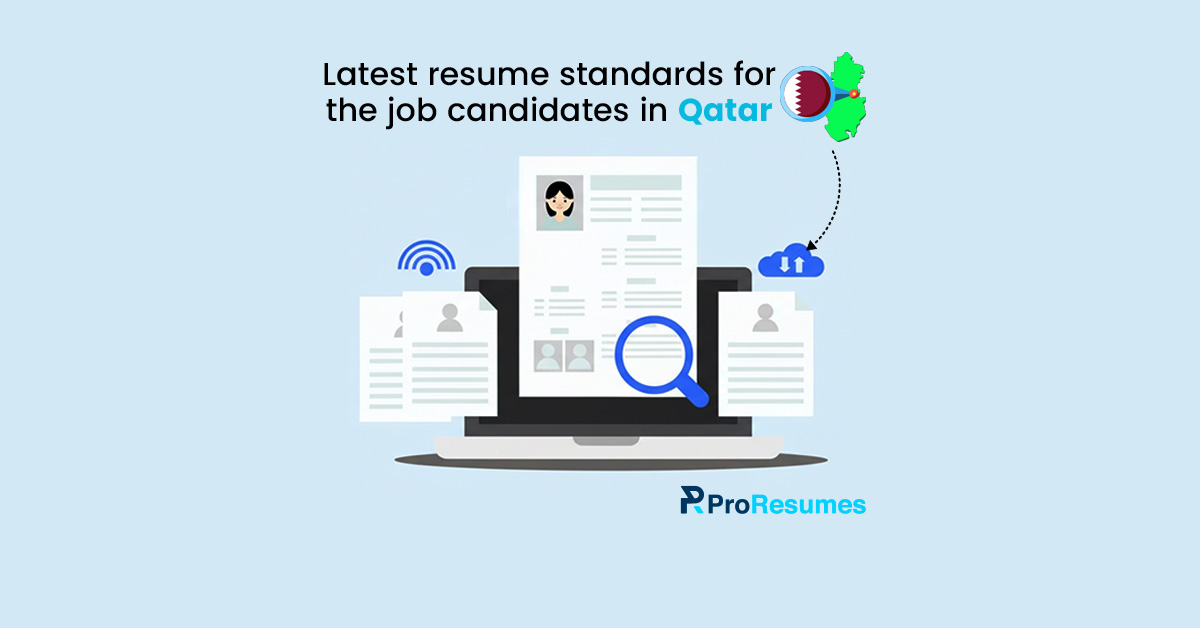 Illustration of latest resume standards for job candidates in Qatar, featuring a digital CV on a laptop with search and upload icons, and ProResumes branding.
