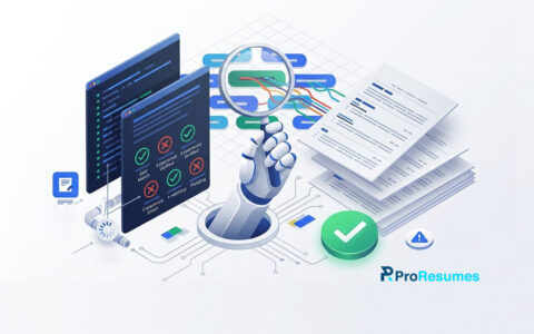 AI-powered ATS resume checker illustration showing a robotic hand using a magnifying glass to analyze resumes, with skill match indicators, validation checks, and ProResumes branding.
