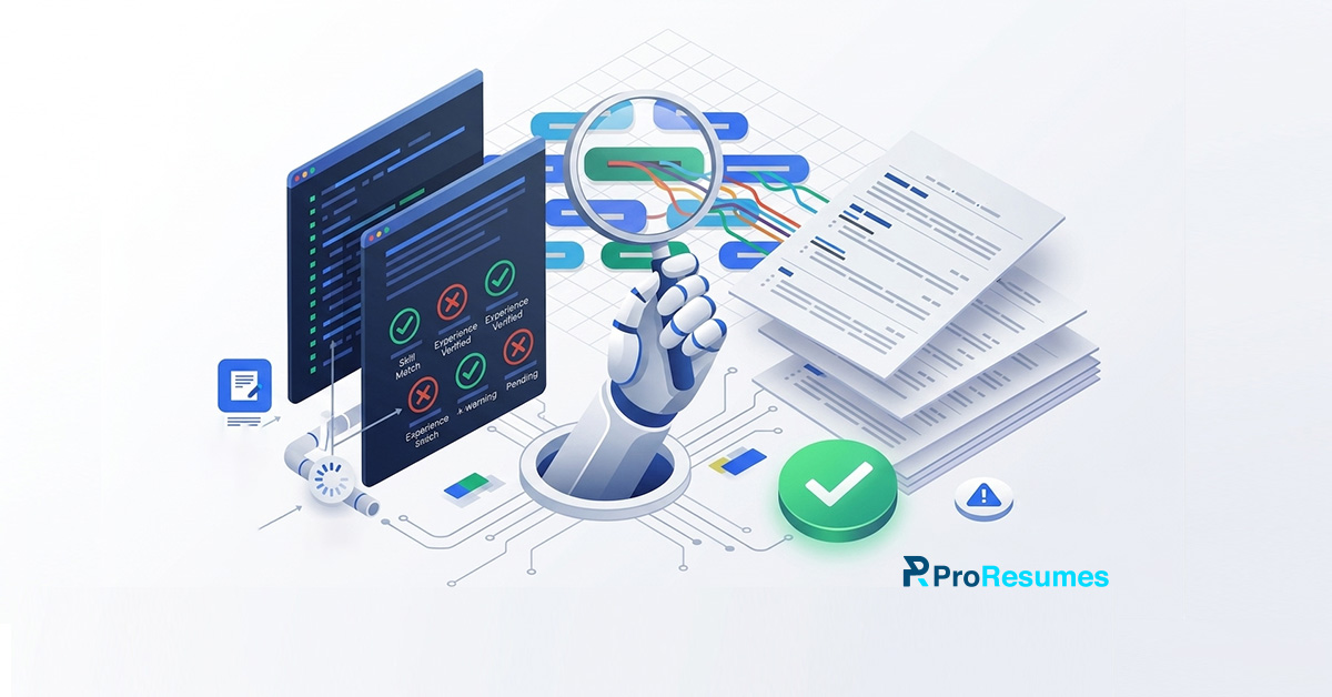 AI-powered ATS resume checker illustration showing a robotic hand using a magnifying glass to analyze resumes, with skill match indicators, validation checks, and ProResumes branding.