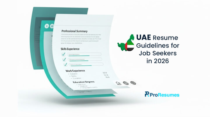 Modern resume template illustration with UAE map icon and text “UAE Resume Guidelines for Job Seekers in 2026” alongside ProResumes branding.