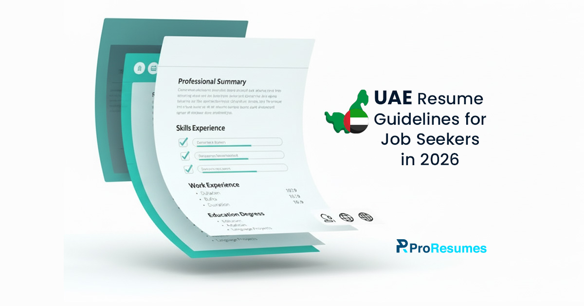 Modern resume template illustration with UAE map icon and text “UAE Resume Guidelines for Job Seekers in 2026” alongside ProResumes branding.