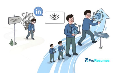 Illustration showing a transition from a “Traditional Degree” path to a “Skills” path, where a person progresses forward carrying skill blocks, symbolizing growth through a skills-first approach, with LinkedIn and visibility icons in the background.